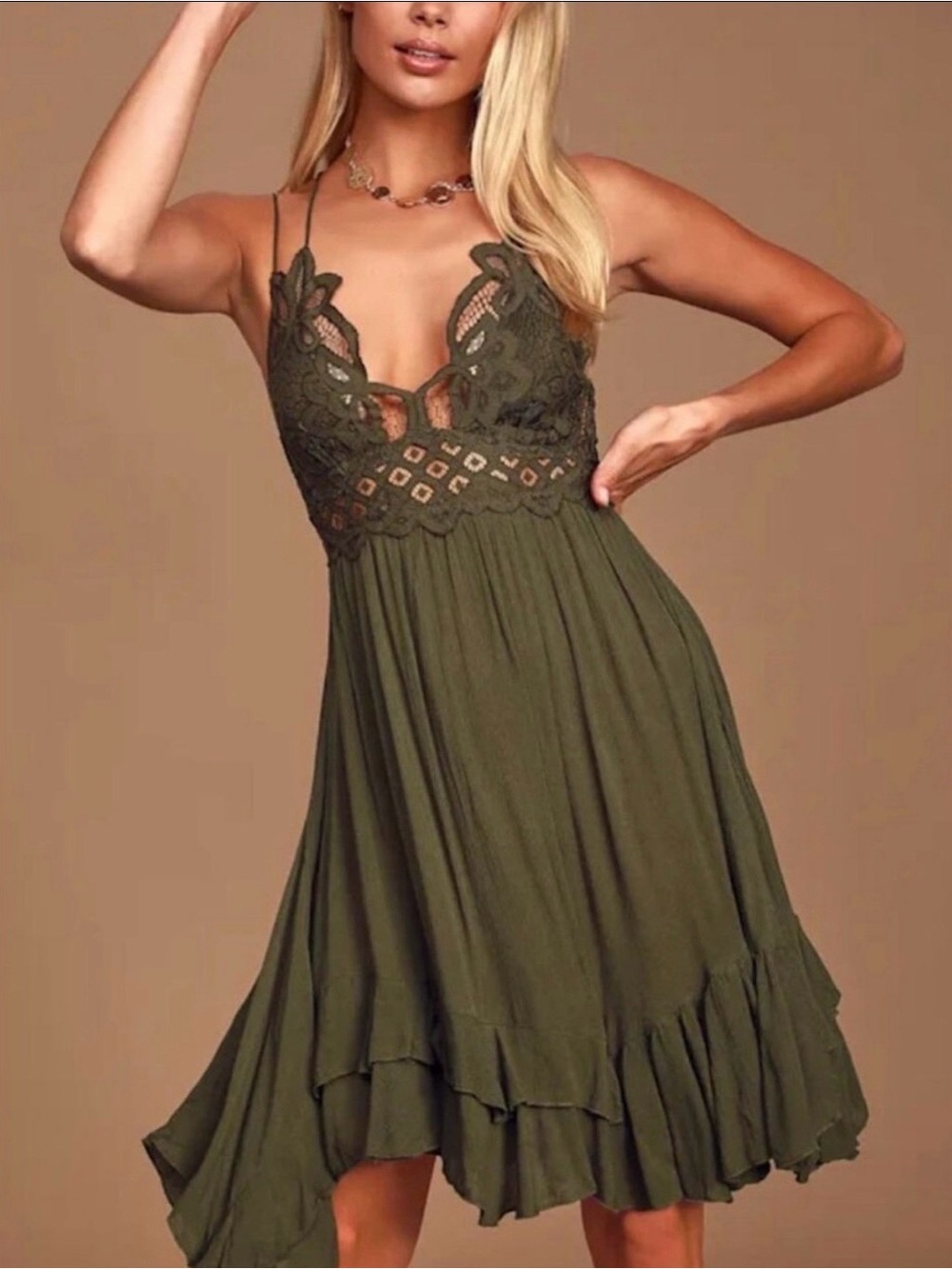Free People Adela Olive Lace-Trim Spaghetti Strap Mini Dress L